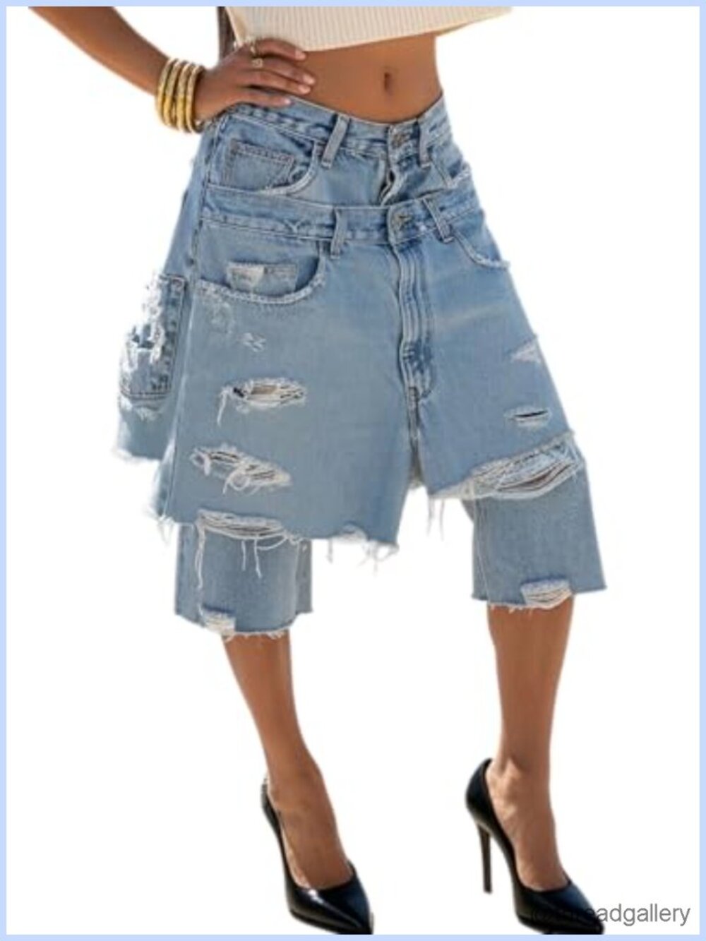 High Waisted Baggy Wide Leg Ripped Denim Shorts Y2K